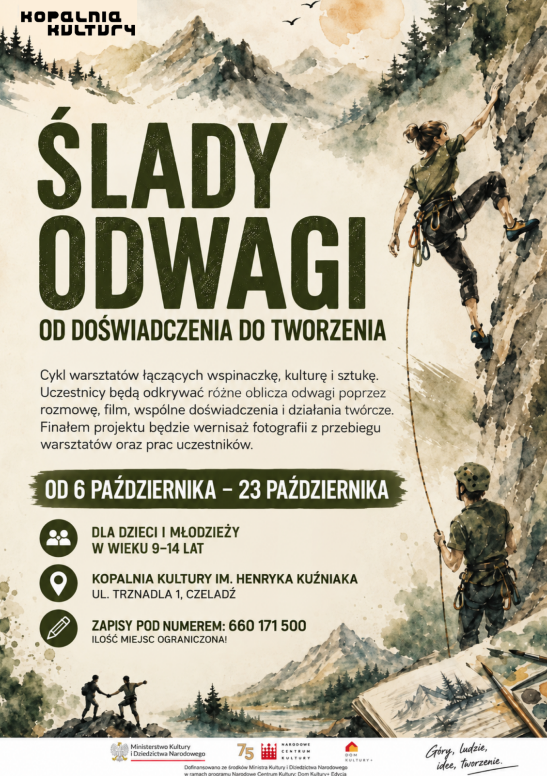 plakat wykonany przy użyciu AI przedstawiający wspinające się osoby
